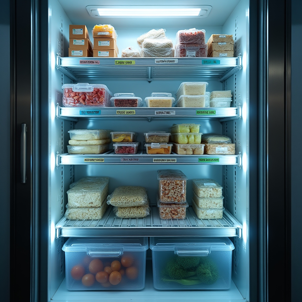 Organized cold storage lockers with labels assigned to different food business tenants