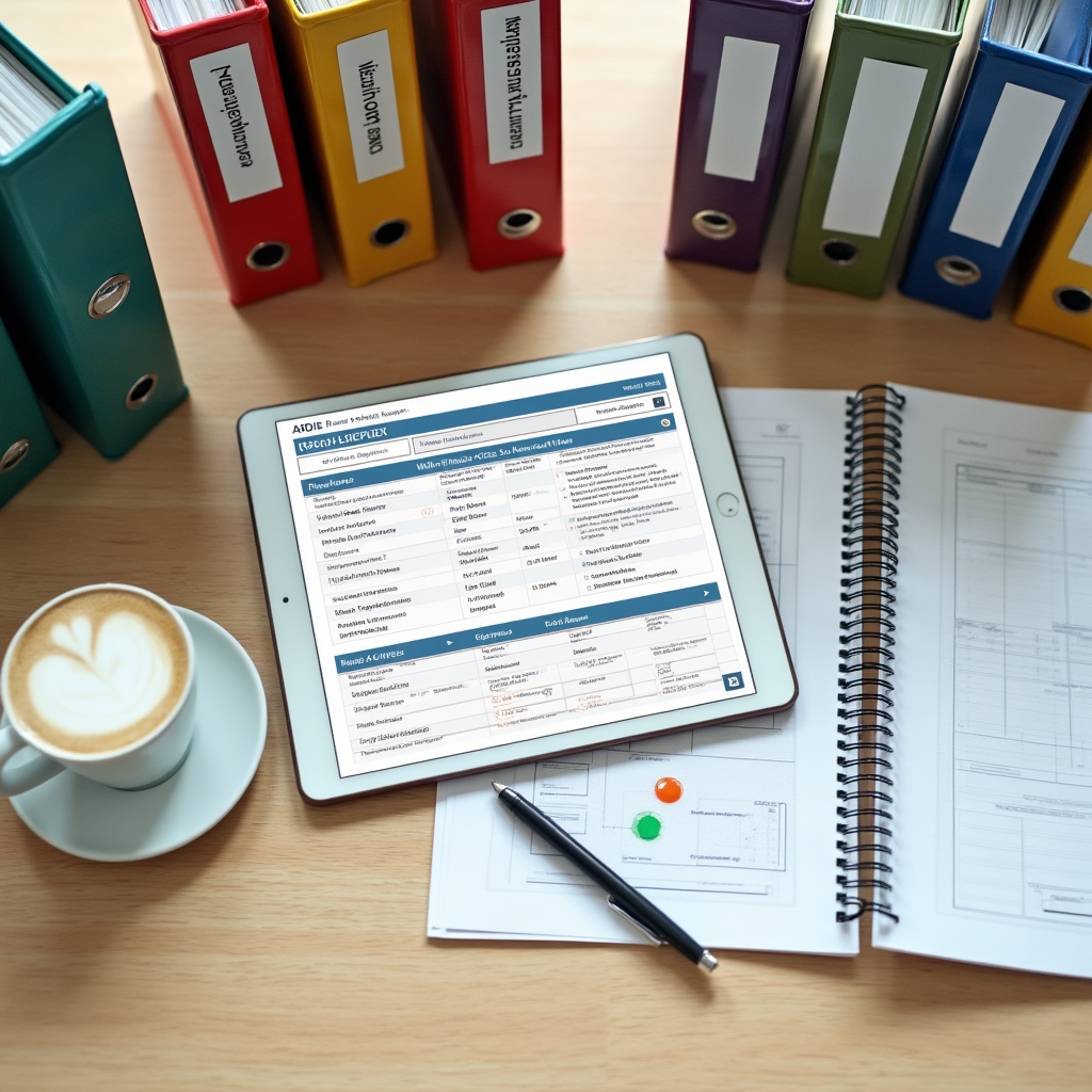 Organized compliance documentation binders and digital tablet showing health inspection records for a commercial kitchen facility
